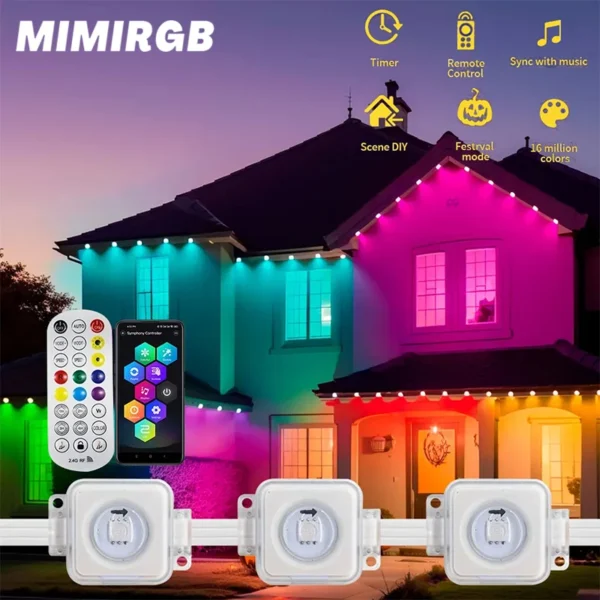 20M Permanent Outdoor Eaves LED Lights String APP 2.4G BEL Controller Color Changing Addressable Light Strip Christmas Decor