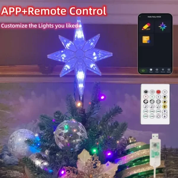 5V Smart APP Remote Control RGB Color Abyssal Mirror Christmas Tree Star Decor Lights Music Sync Xmas Tree Topper New Year Decor