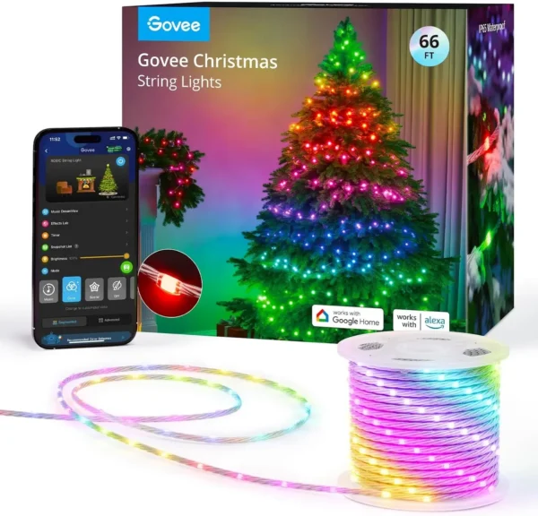 Christmas Lights 66ft, Smart RGBIC Halloween Lights App-Controlled, 125+ Scene Modes, IP65 Waterproof, Sync with Music, Works
