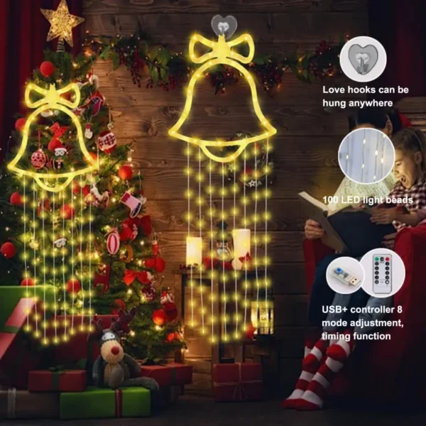 Indoor Christmas Bell Decor Festive Jingle Bell Christmas Window Lights Set with Remote Control Battery Powered Hanging for Home - Image 3