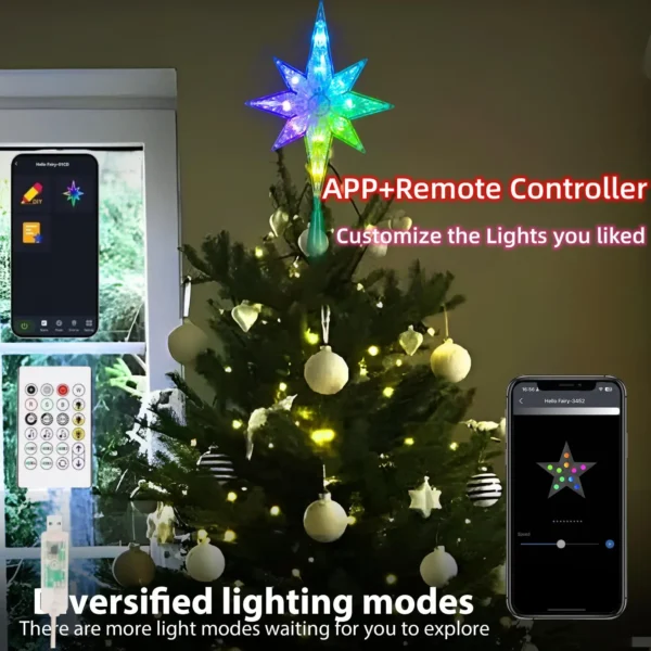 5V Smart APP Remote Control RGB Color Abyssal Mirror Christmas Tree Star Decor Lights Music Sync Xmas Tree Topper New Year Decor