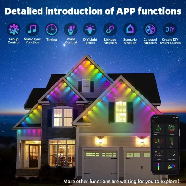 20M Permanent Outdoor Eaves LED Lights String APP 2.4G BEL Controller Color Changing Addressable Light Strip Christmas Decor - Image 3
