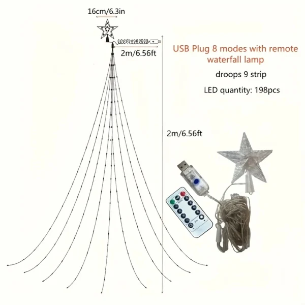 198 LED Christmas Tree Five Pointed Star Lights Remote Control USB 8 Modes Waterproof Fairy Light Outdoor Garden Holiday Decorat - Image 6