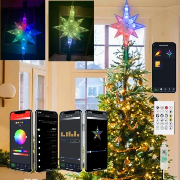 5V Smart APP Remote Control RGB Color Abyssal Mirror Christmas Tree Star Decor Lights Music Sync Xmas Tree Topper New Year Decor - Image 3