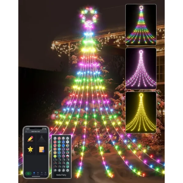 23FT Outdoor Christmas Decorative Lights, Intelligent RGB LED Tree Lights Waterfall DIY Preset Scene Application Remote Control