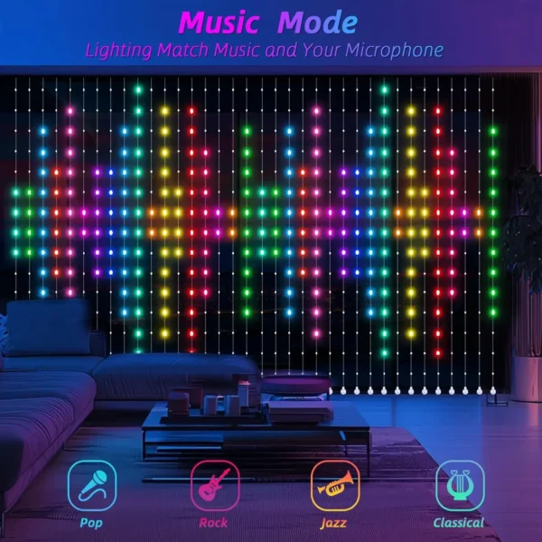 RGB LED Curtain Lights 1.6m Christmas Fairy Light with Remote & APP Control, 256LED Dynamic DIY Lamp for Bedroom Window Backdrop - Image 6