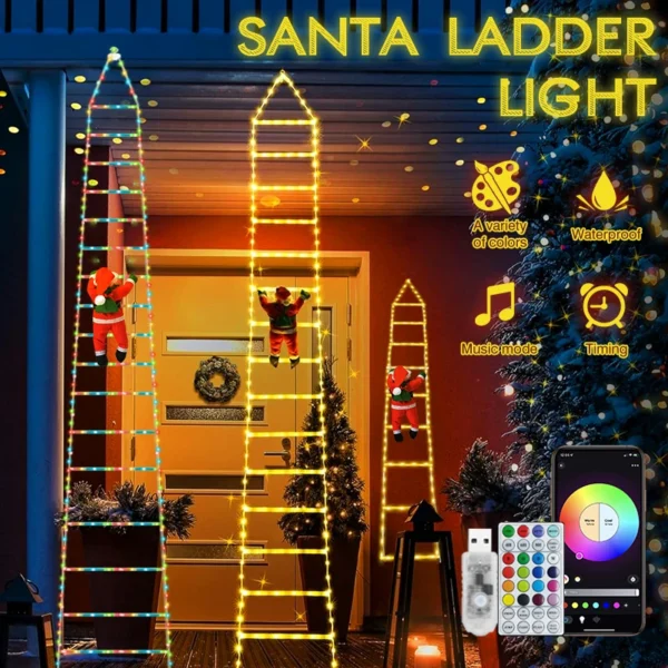 App Control LED Santa Claus Ladder Light With Music Waterproof Xmas Tree Hanging Strip Light For In/Outdoor Window Garden Decor