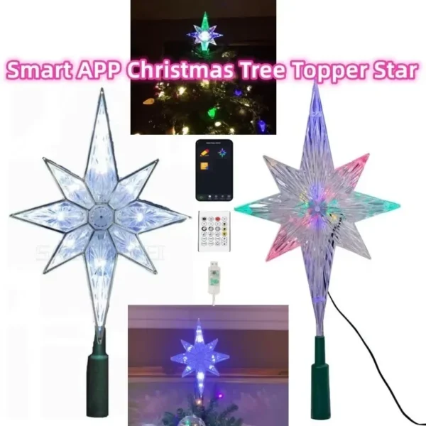 5V Smart APP Remote Control RGB Color Abyssal Mirror Christmas Tree Star Decor Lights Music Sync Xmas Tree Topper New Year Decor - Image 6