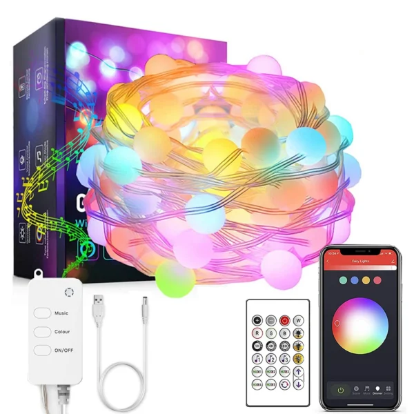 10m 5m RGB Fairy Ball Light String Smart APP Control Christmas Garlend Lights for Wedding Birthday Holiday Home Party Room Decor