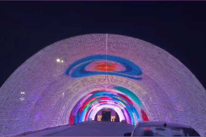 P50 LED mesh screen tunnel lighting effect in a Middle East commercial attraction